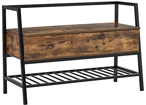 HOMCOM Mobile Scarpiera in Stile Industriale con Vano, Panca Scarpiera Vintage Salvaspazio in Legno e Metallo, Marrone Rustico, 90x37x60cm