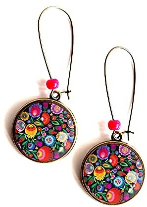 Boucles d'oreilles cabochon, Folklore slave, fleuri, multicouleur, bronze (16 mm)