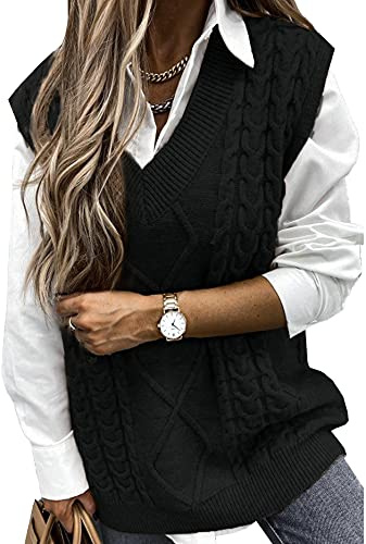 Pulls sans Manches Gilet Tricoté Veste Chaud Chandail Débardeur Tank Top Crop Sweater col V Oversize Pullover Tops Câble Tricots Décontracté Automne Hiver Filles Femmes,Noir1 XL