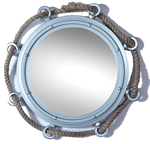 Hind Handicrafts Espejo de ojo de buey para decoración del hogar, diseño de cuerda vintage con diseño de pirata, espejo de tocador (plata mate, 15 pulgadas)