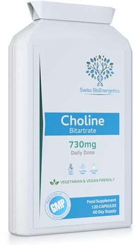 Choline Bitartrate 730mg Daily Dose, 120 Vegan Choline Supplement Capsules - UK Made Support for Healthy Liver Function and Fat Metabolism