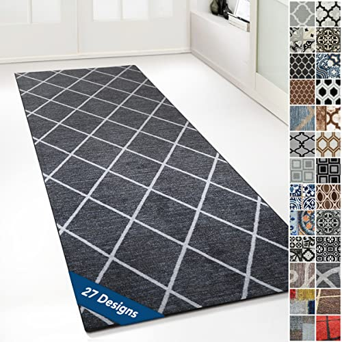 Floordirekt Teppichläufer mit Muster - maßgefertigter Feinschlingen Teppich Läufer für Küche, Flur & Wohnraum - Ornament Vintage Orient Gitter (80 x 200 cm, Cosenza Schwarz)