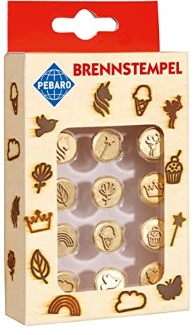 Pebaro 20700 Brennstempel für Brandmalerei, Pyrographie, Holzbrennen, 12-teilig, aus Messing - Verschiedene Motive wie Eis, Elfe, Stern etc., zum Brennen auf Holz, Leder, Kork und anderen Materialien