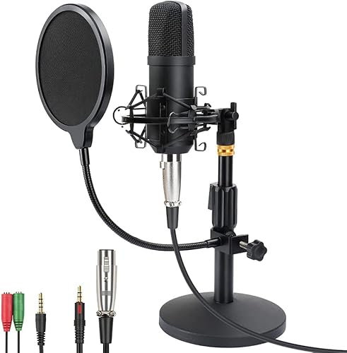 Micrófono para PC de Streaming Podcast, kit de micrófono de condensador cardioide de estudio profesional de 192 KHZ/24 Bit con soporte de sobremesa, filtro pop para Skype, Youtube, canto, grabación