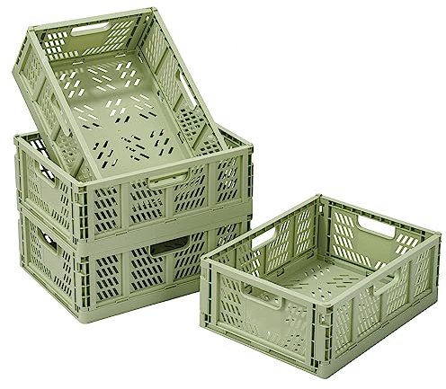 Tuevob Plastic Storage Baskets 4 Pack Folding Storage Box Crate Drawer Organizer Stackable Desk Shelf Collapsible Closet Container Food Fruit Bottle Book Organiser Bin Home Office Kitchen Holder Green