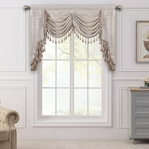 TOPLUXE Rideaux Cantonnière Cascade pour Fenêtres, Cantonnière Floral à Franges, Rideaux Courts pour Chambre Salon Cuisine (Largeur 150cm, Beige & Or)