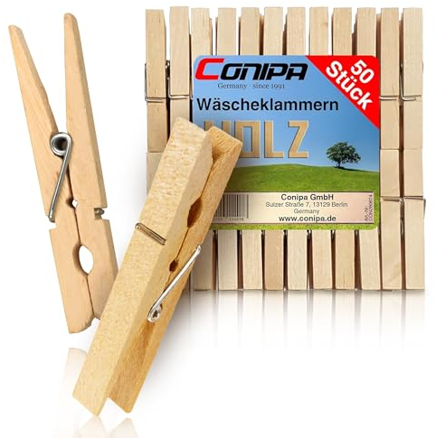 Conipa® - 50 Stück Wäscheklammern Holz (naturbelassen) 72 x 10 mm - Holzklammern groß für Wäscheständer & Wäscheleine - Klammern aus Natur-Holz (plastikfrei) - Holzwäscheklammern zum Wäsche aufhängen