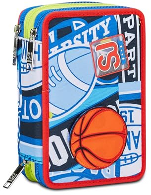 SJ Gang Skolväska 3 dragkedja, blå, RealBasket, pennhållare Trippel Pennfack, Pennfodral, Färger, Ryggsäckstillbehör, Barn Väska, Elementary, Medium, 30C202406-535, Blå, Taglia Unica, Modern