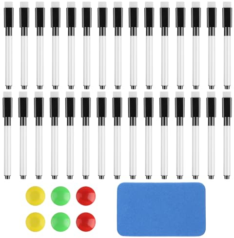 GUOYIHUA Whiteboard Marker, 30 Stück Folienstift Abwischbar, Schwarz Whiteboard Stifte, Whiteboard Marker Magnetisch mit Schwamm/Magnete für Whiteboards Memoboard Pinnwand Flipchart Marker