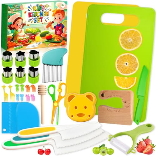 SaiXuan 31 Pezzi Set Cucina Bambini Montessori con Coltelli Sicuri, Taglieri, Coltello Ondulato e Formine Biscotti, Ideale dai 3 ai 7 Anni per Gioco e Apprendimento Creativo
