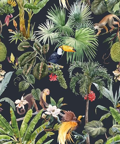 SOEWIOU Peel and Stick Wallpaper Tropical Jungle Palm Green Animal Contact Paper Watercolor Flower Self-Adhesive Wallpaper for Bedroom Closet Walls 44.5x300