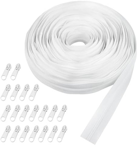 20m Endlosreißverschluss mit Zipper， 2.5cm Reißverschluss Meterware，Reissverschluss mit 20 Reißverschlusszügen，Nylon Reisverschluss Endloses weiß für Bettwäsche，Kleidung，Tasche