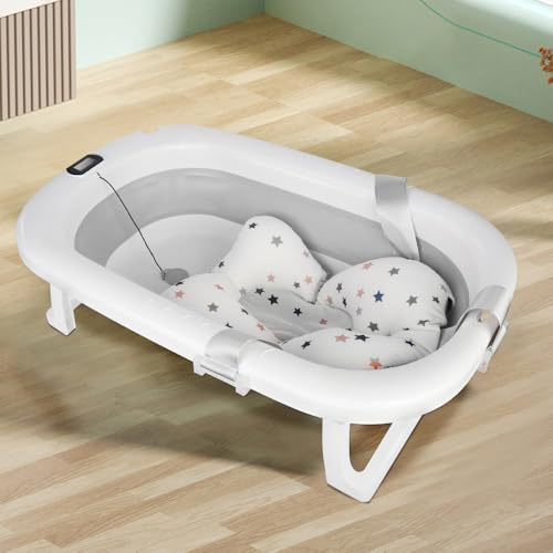 Baignoire Bebe,Baignoire Pliable Bébé,Baignoire Bébé Avec Thermometre Digital & Coussin Support, Convient Aux Bébés de 0 à 36 Mois,Pliable et Portable,pour Nouveau-Né et Tout-Petit