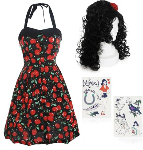 Ladies 00s Singer Costume - Large/X-Large - Rockabilly Dress, Black Beehive Wig and Tattoo Set - Adults Noughties Music Fancy Dress Costume Accessory Set