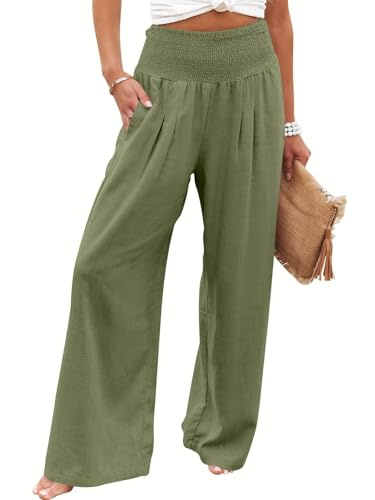 Cegerne Pantalones de Lino Ligero Casual Pierna Ancha Palazzo Casual Pantalones de Verano para Mujer, Verde Ejército, M