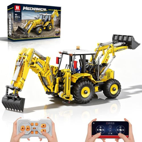 Reobrix Technik Set di costruzioni escavatore telecomandato per adulti, 22018 giocattoli da cantiere con bulldozer radiocomandato dotato di motore, set di mattoncini 2 in 1 con escavatore e bulldozer