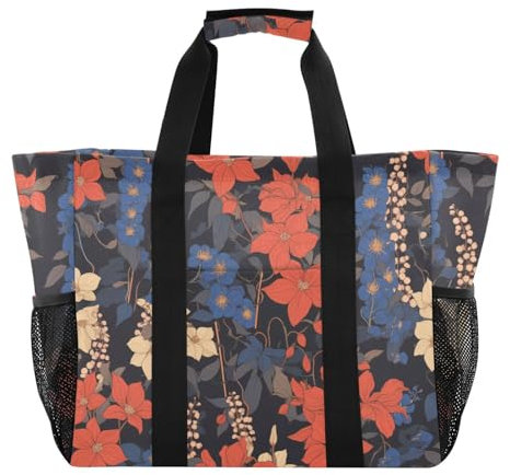 Yoogain Retro klematis blommor blå röd bruksväska för bagageutrymme vikbar strandväska tygväska sandtät återanvändbar matkassar kanvas tvättväskor kassar, Retro Klematis blommor blå röd, 1 size