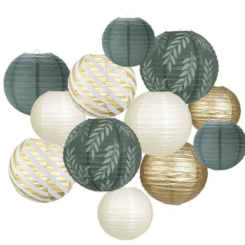 Feluxor 12-Pack Paper Lanterns, Round Sage Green Hanging Paper Lampshades with Colored Ribbon for Holidays, Weddings, Halloween, Christmas, Birthdays, Garden Parties, Baby Showers Decor