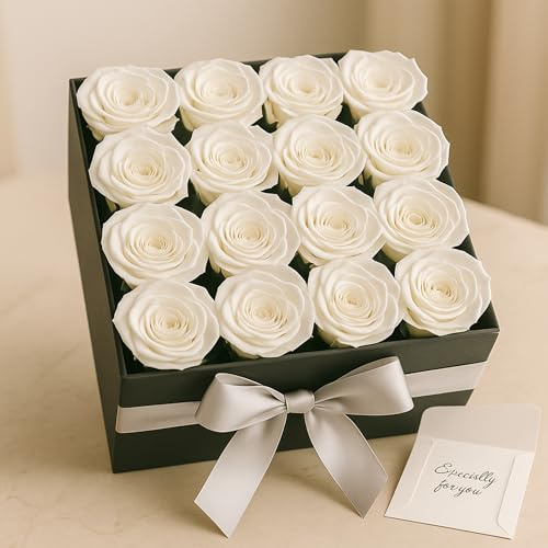 Box 4x4 Rose Stabilizzate Made in Italy - Disponibile in Diversi Colori - 16 Rose Eterne Fiori Stabilizzati - Elegante Bouquet di Fiori Veri | Idea Regalo e Decorazioni (16 Mini Bianche)