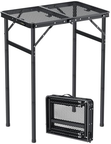 Anbte Mesa Camping Plegable 60x40x27/51/74.7cm Mesa de Parrilla 3 Alturas Ajustables con Tablero de Malla Resistente al Calor Impermeable para Cocinar Barbacoa Picnic(Instalación Roscada)