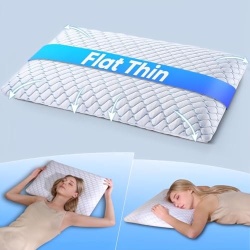 Tuozaiira 2.6 Ultra Thin Memory Foam Pillow with Cool-to-Touch Cover, Low Profile Flat Bed Pillow for Back & Stomach Sleepers, Standard Size