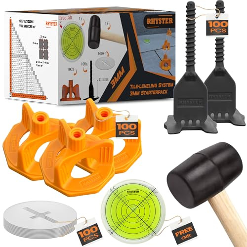 RHYSTER® Kit Croisillons Autonivelants 3 mm – Starter Pack - 302 unités- Pose Carrelage | 100 Clips + 100 Cadrans + 100 Protections + Maillet + Niveau à Bulle Offert | Pose Facile & Précise