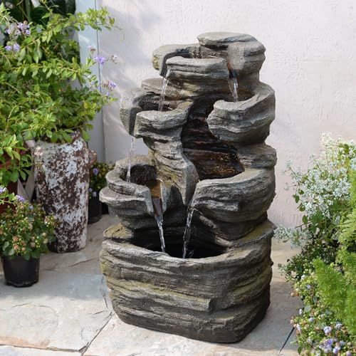 6-stufiger Kaskadenbrunnen mit LED-Beleuchtung, inkl.Pumpe 62 cm hoch,Steingrau für Terrasse, Balkon,Vorgarten Natursteinoptik-Wasserfall,Außendeko