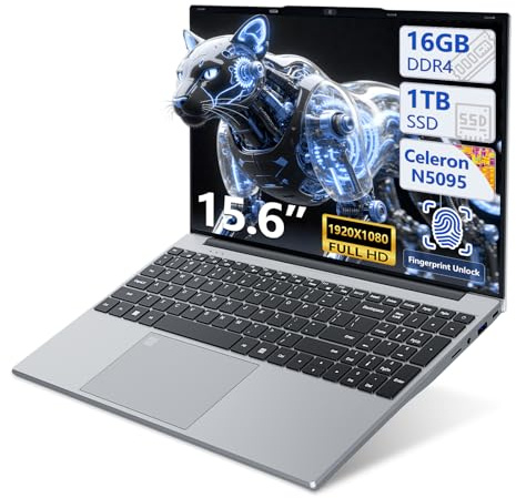 PC Portátil Win 11, 15.6 Pulgadas Ordenador Portatil 16GB LPDDR4 RAM 1TB SSD, Celeron N5095 CPU, Desbloqueo Huellas Dactilares/Teclado Retroiluminado, 180° Flip IPS Pantalla, Webcam+BT4.2+USB3.0