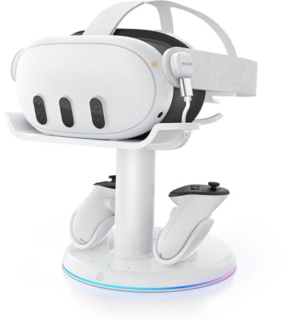 AMVR Base de carga RGB compatible con accesorios Meta Quest 3/Quest 3S, estación de carga rápida de 30 W con hub de alimentación USB-C, 2 baterías recargables de controladores (sin adaptador de carga)