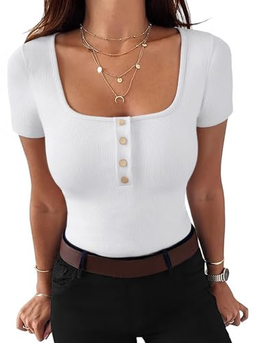 Gyabnw Women's T Shirt Button Front Ribbed Square Neck Slim Fit White