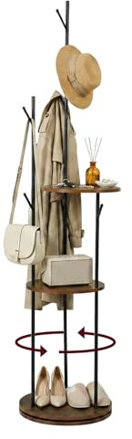 EGGREE Perchero giratorio 360°, perchero de pie con 6 ganchos y 3 estantes redondos, mueble recibidor para Entrada Dormitorio Salón, ahorro de espacio, estilo vintage marrón y negro, 40 × 40 × 176 cm