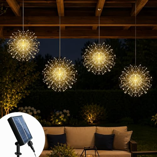 Probuk Luces Solares LED Exterior Jardin, Guirnalda Luces Exterior Tipo Fuegos Artificiales Blanco Cálido, 4 Colgantes 360 LED, 8 Modos, IP65, para Terraza Balcón Navidad Fiesta