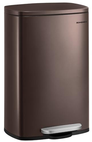 SONGMICS 13 Gallon (50 L) Trash Can, Stainless Steel Kitchen Garbage Can, Recycling or Waste Bin, Soft Close, Step-On Pedal, Removable Inner Bucket, Brown ULTB50BR