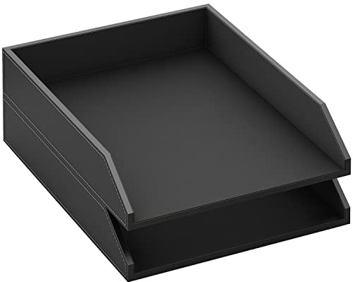 Leather Letter Tray, Thipoten Stackable Desk Organizer Holder for Office Supplies, Paper, File, Magazine, Perfect Office Organization for Desktop (Black-2Tiers)