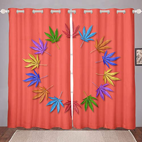 Cortinas de Ventana de Hoja de Marihuana, Coloridas Cannabis,de círculos,Cortinas de Bordado Chinas cáñamo, Rojo Ventana tratamientos, W46 x L72
