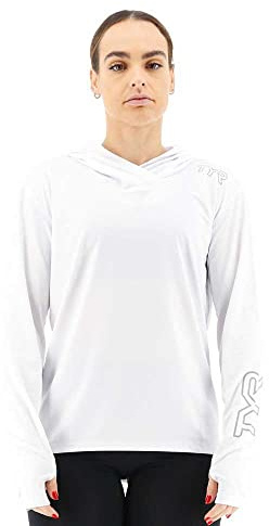 TYR Women's Long Sleeve Sun Protection Performance Hooded Shirt UPF 50+, White, Medium