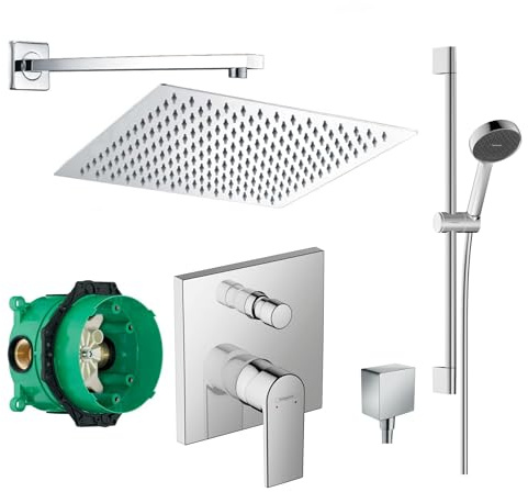 vanvilla Duschsystem mit Unterputz Duscharmatur von Hansgrohe Einhebelmischer und vanvilla Regendusche mit Armatur, Duschkopf eckig, Dusch-SET HG33 poliert
