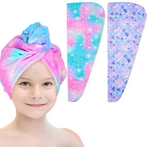 Basumee 2 Pack Microfibre Hair Towel Wrap for Kids Rapid Drying Hair Towel with Button Girls Hair Turbans for Wet Hair Wraps for Women