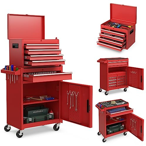 GiantexUK Tool Cabinet, 2 in 1 Lockable Metal Tool Chest with Removable Top Cabinet, Wheels, 5/6 Drawers, Pegboard & Hooks, Heavy-duty Rolling Tool Box Trolley (with Adjustable Shelf, Red)