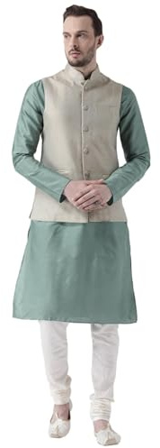 KISAH Ensemble veste Kurta pour homme - Jacquard Art Silk - Vêtement ethnique indien traditionnel pour homme - Idéal pour les mariages et les festivals, Vert clair, Small