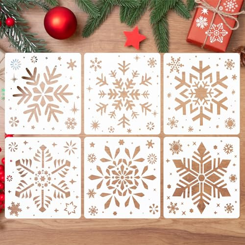 FainFun Små julstenciler, 6 st stor snöflinga, mönster för jul, vinter, semester, dörrar och fönster, gratulationskort(20 x 20 cm) (B)