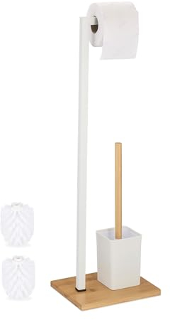 Relaxdays Escobillero con Portarrollos, de Pie, Soporte para Escobillas de WC, Acero Inoxidable y Bambú, Blanco/Natural, 70.5 x 22 x 18 cm