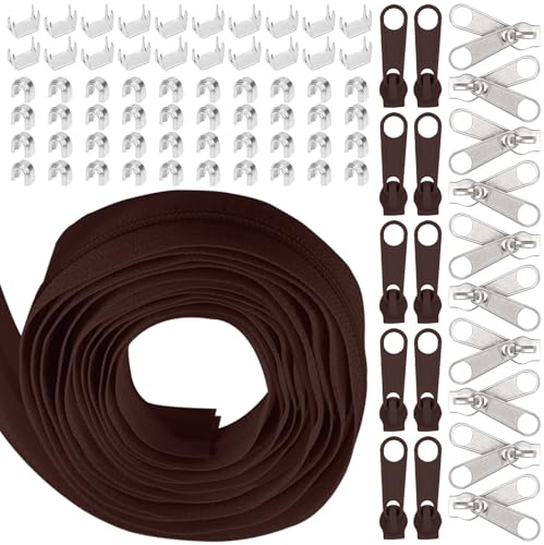 Swpeet 1Roll 10 Yard #5 Deep Coffee Nylon Zipper Tape Zipper Strip with 20Pcs Matched Zipper Sliders Assortment Kit, Replacement Zipper Roll Endless Zip with Double Single Slider and Zip for Sewing