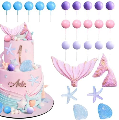 Decoración para tartas de sirena con temática oceánica, decoración para tartas, color rosa, lila, bola de sirena, decoración de fiesta, kit de decoración de cola de sirena para niños cumpleaños