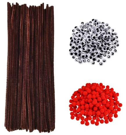 750 Stück Pfeifenreiniger Bastelset 150 Pfeifenputzer Braun Chenille Biegeplüsch 200 Rote Pom Poms 400 Kulleraugen Selbstklebend Wackelaugen zum Basteln DIY für Weihnachten Rentier Deko
