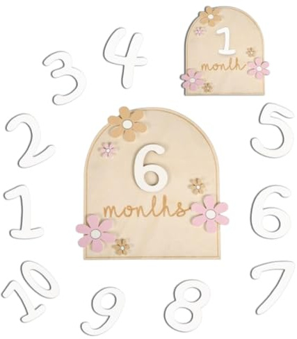 KEQAR 1 Pcs Tarjetas de Hitos Mensuales para Bebe con Puntos de Pegamento Estilo Flor Tarjeta Mensual de Madera Bebés Accesorios para Fotos para Bebés de 0-12 Meses Baby Shower