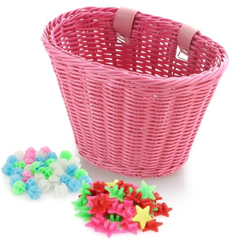 Spesh Kids Bike Basket, Wicker Basket for Kids Bike Boys Girls Bike Baskets Front with 72 Pcs Bike Spoke Beads Bicycle Accessories for Kids Bike(Pink)