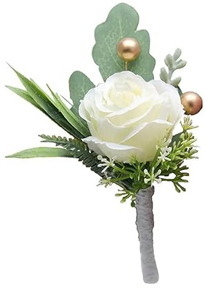 Zhhuoc 1Pc Roses Boutonniere for Men Wedding, Groom Groomsman Artificial White Rose Flowers with pins for Wedding Anniversary Celebration,Prom,Party,Home Decoration Artificial Flowers