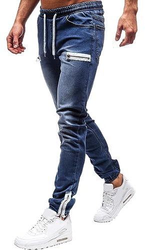 Fulidngzg Jeans Uomo Estivi Leggeri,Jeans Uomo Slim Fit con Tasche a Cerniera e Coulisse Pantaloni Streetwear Hip-Hop retrò da Strada Tubo Dritto Pantalone Elegante Moto Leggero Casual