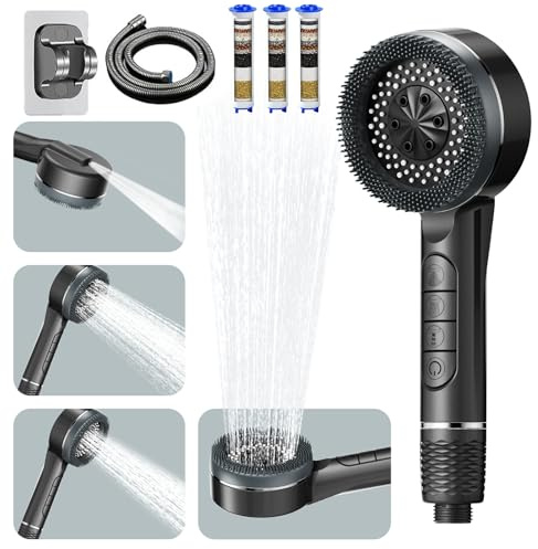 Shower Head with High Pressure (Clean Tub & Pet), Multi-Mode Shower Heads with 1.5M Hose and Holder, Filtered Showerhead Remove Chlorine, Massage Shower Heads with ON/Off Switch (Dark Gray)